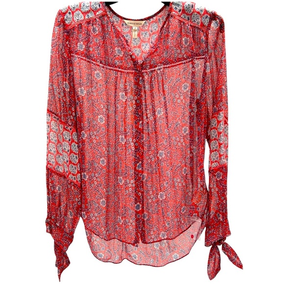 Rebecca Taylor Amanda Print Top – Size 8 – Boho Floral Sheer Blouse 100% Silk - Picture 1 of 11